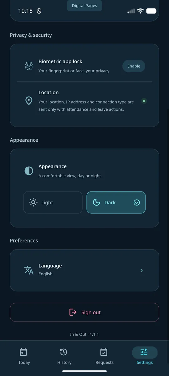 Settings: biometric app lock, a note that location is sent only with attendance actions, appearance and language.