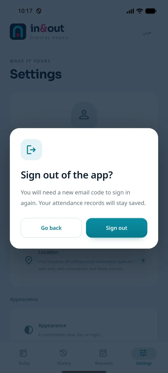 A confirmation dialog asking Sign out of the app? with Go back and Sign out.